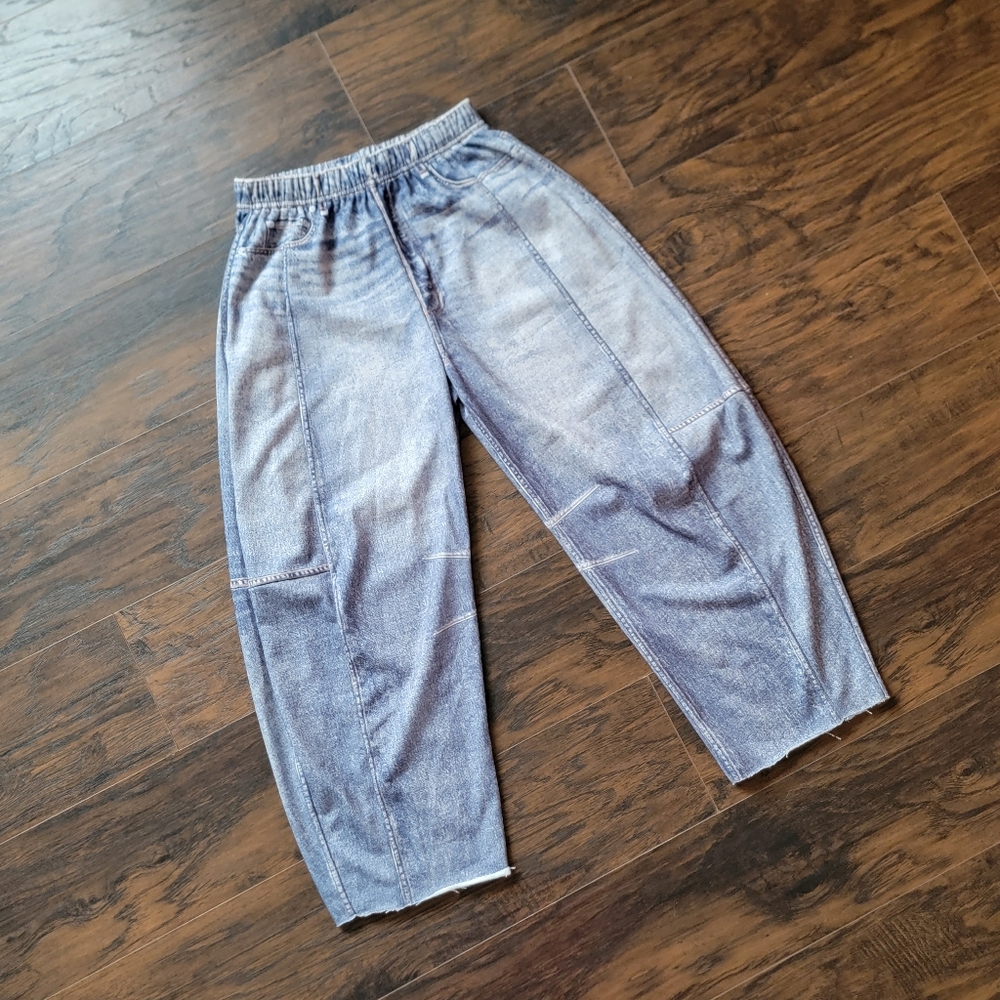 NWT faux jeans denim cropped barrel leg baggy pants sweat joggers high waist